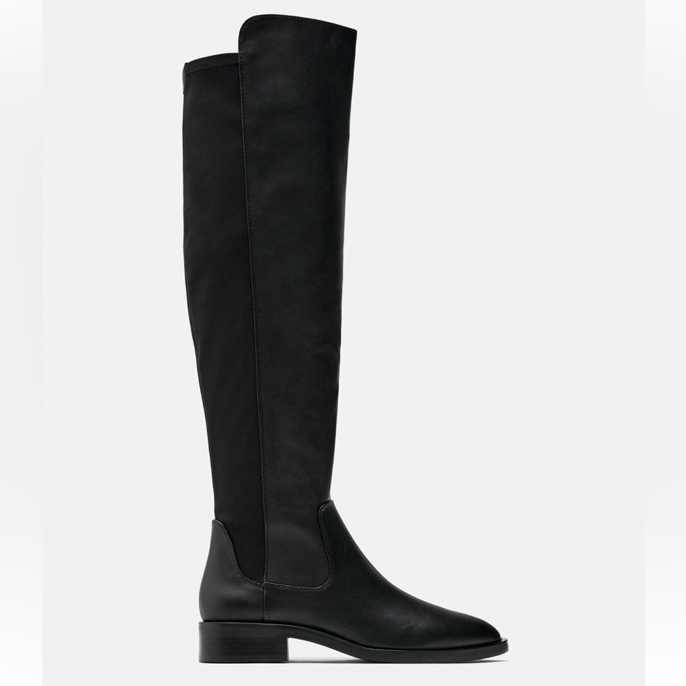 Zara New Black FLAT HEELED OVER-THE-KNEE BOOTS. Size 8/39